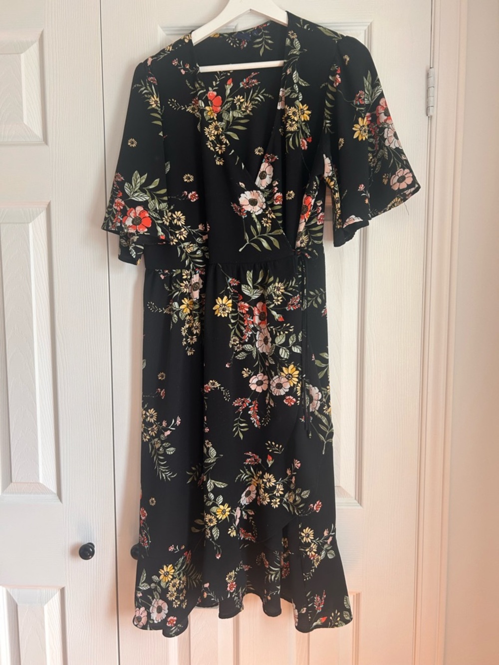 Black Floral Midi Wrap Dress